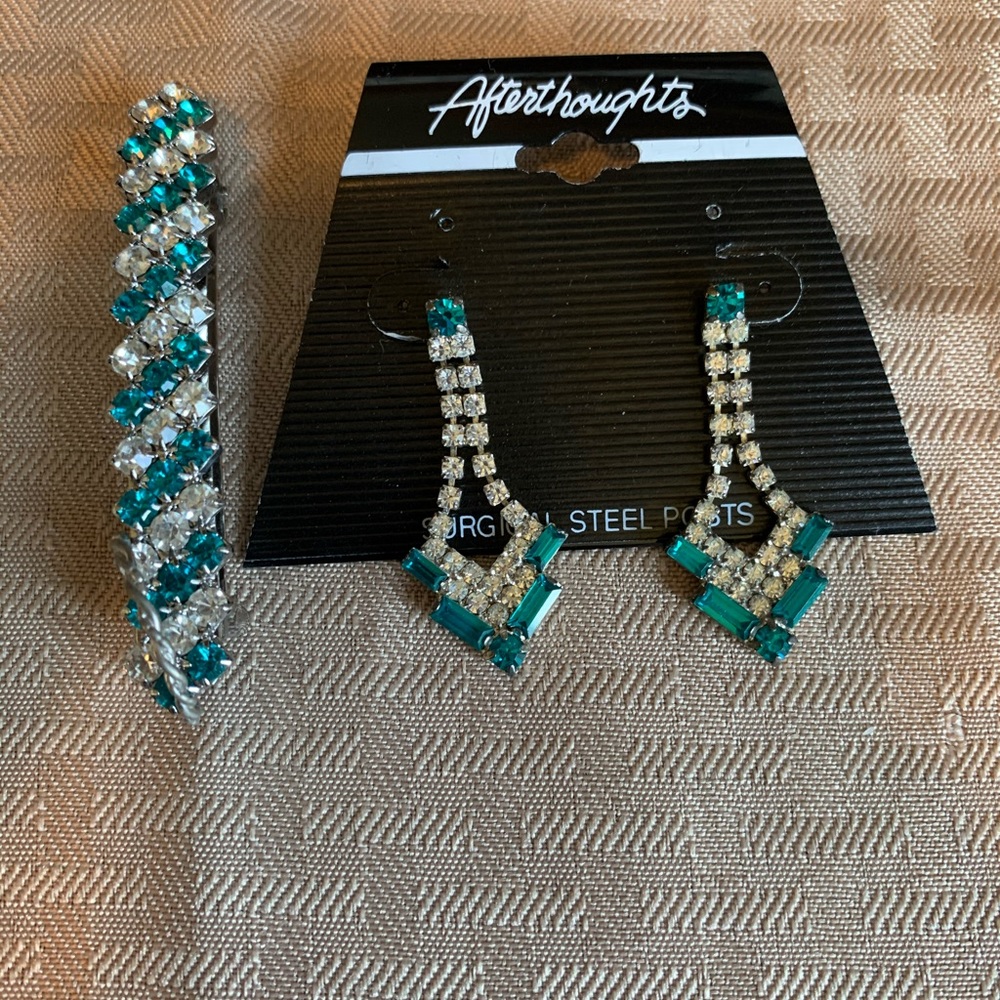 Vintage PROM Rhinestone Teal Earrings and Barrette